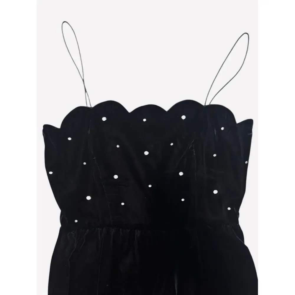 Vintage Black Velvet Mini Cami Dress & Jacket Scalloped Trim Rhinestones Size 12 - Picture 3 of 8